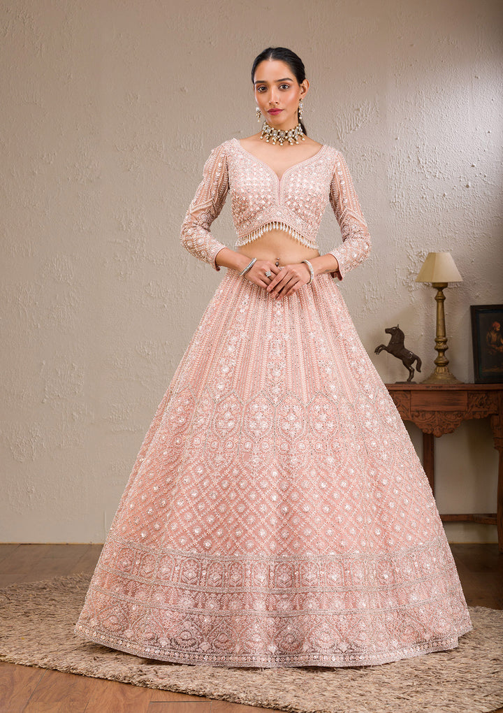 Baby Pink Silver Stonework Net Readymade Lehenga