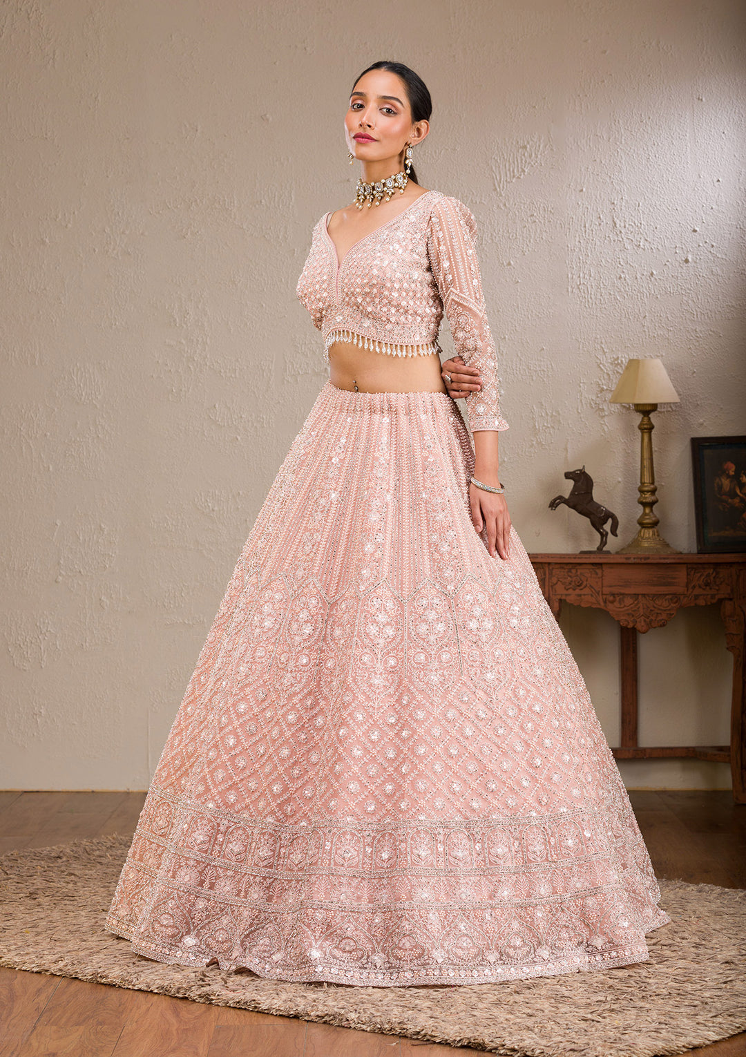 Baby Pink Silver Stonework Net Readymade Lehenga