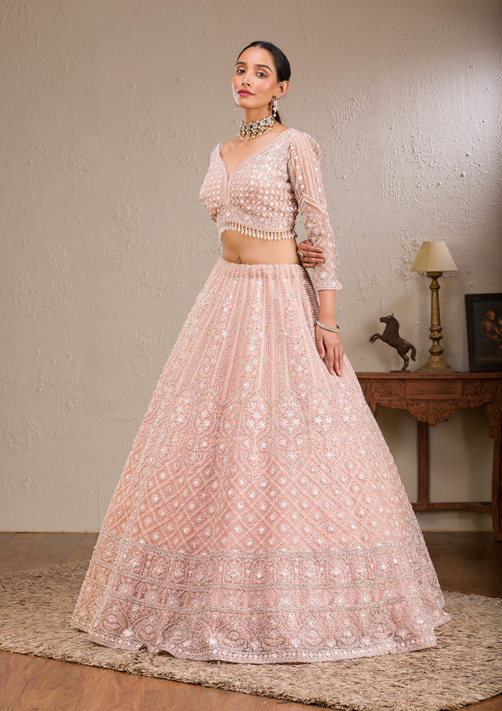 Baby Pink Silver Stonework Net Readymade Lehenga