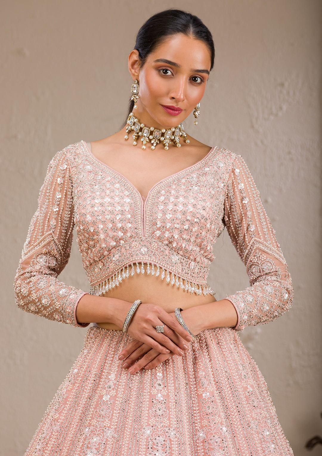 Baby Pink Silver Stonework Net Readymade Lehenga