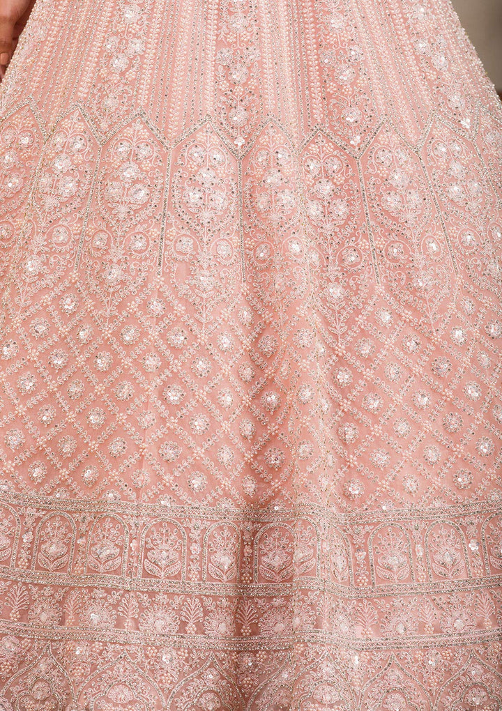 Baby Pink Silver Stonework Net Readymade Lehenga