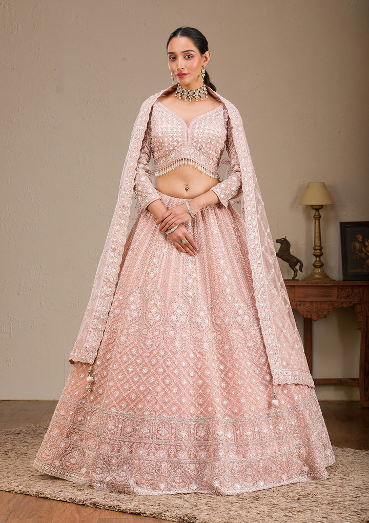 Baby Pink Silver Stonework Net Readymade Lehenga