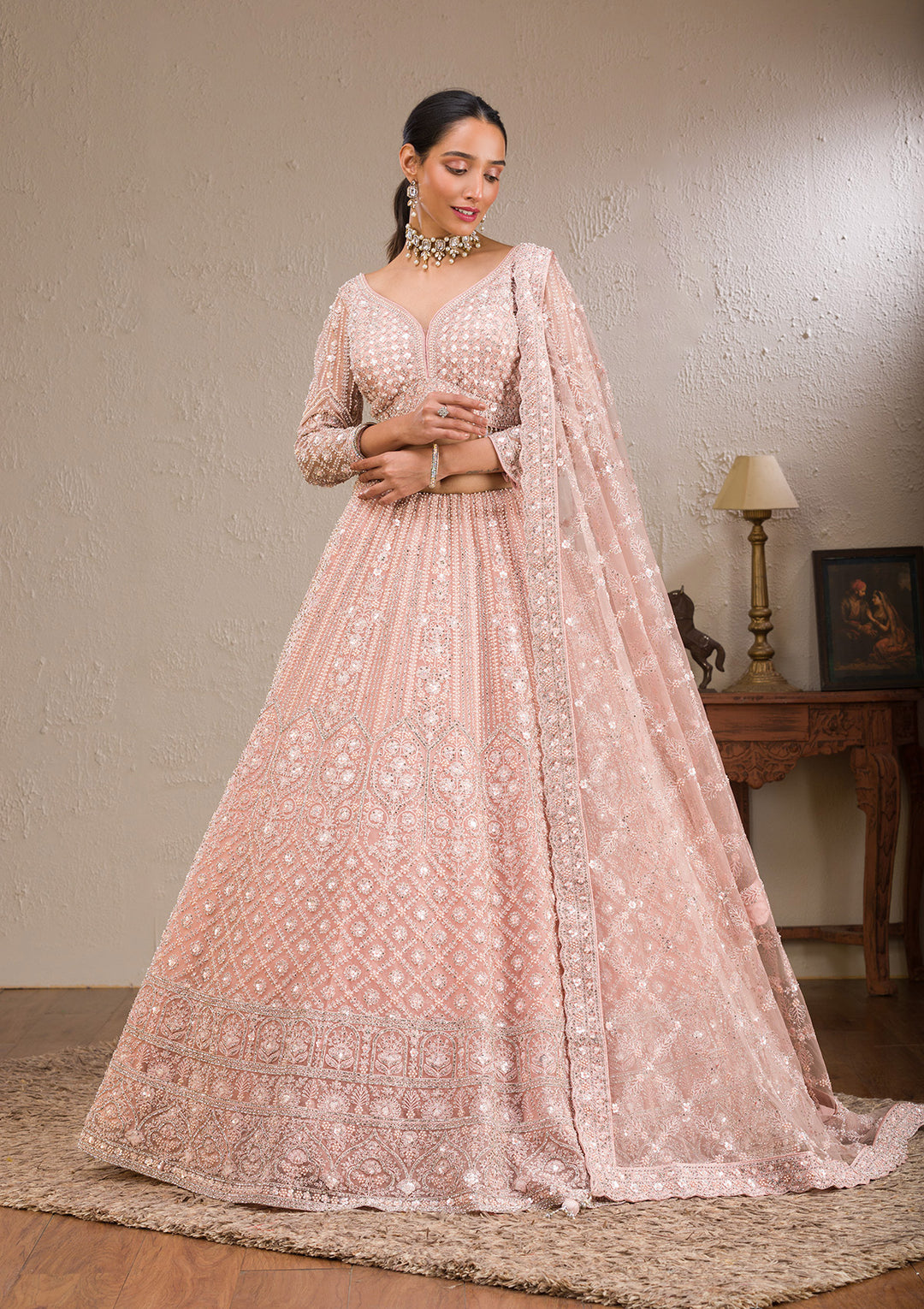 Baby Pink Silver Stonework Net Readymade Lehenga
