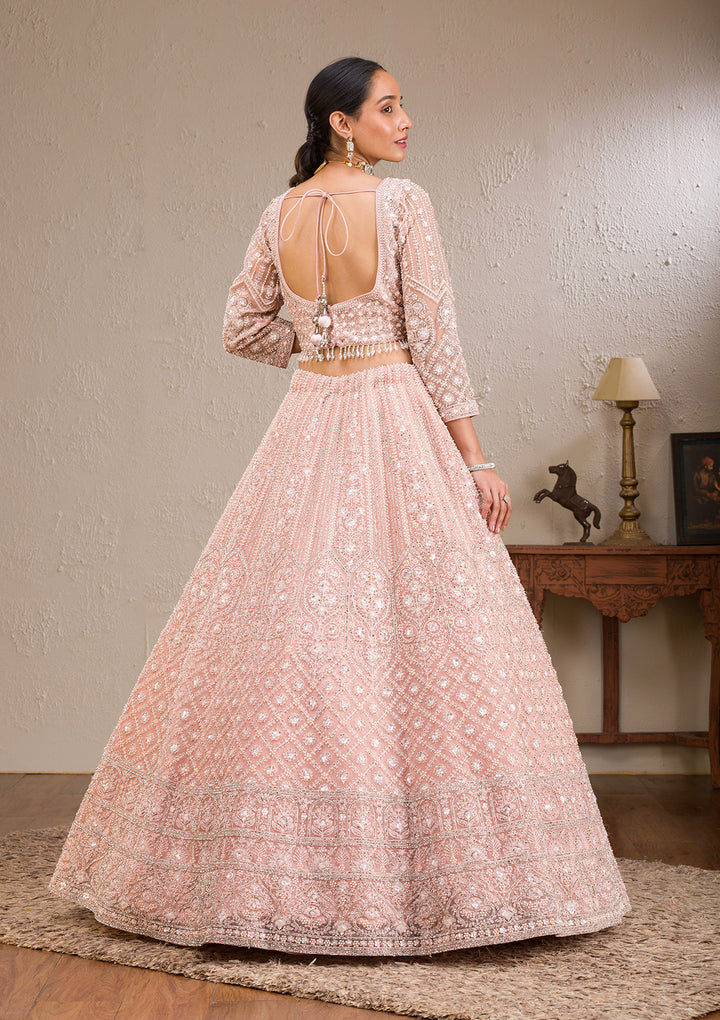 Baby Pink Silver Stonework Net Readymade Lehenga