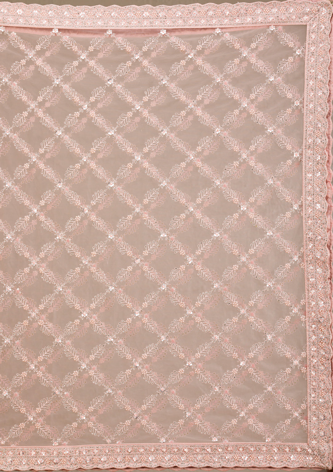Baby Pink Silver Stonework Net Readymade Lehenga