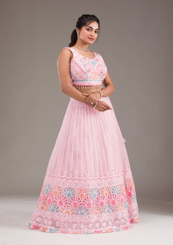 Baby Pink Silver Zariwork Net Readymade Lehenga
