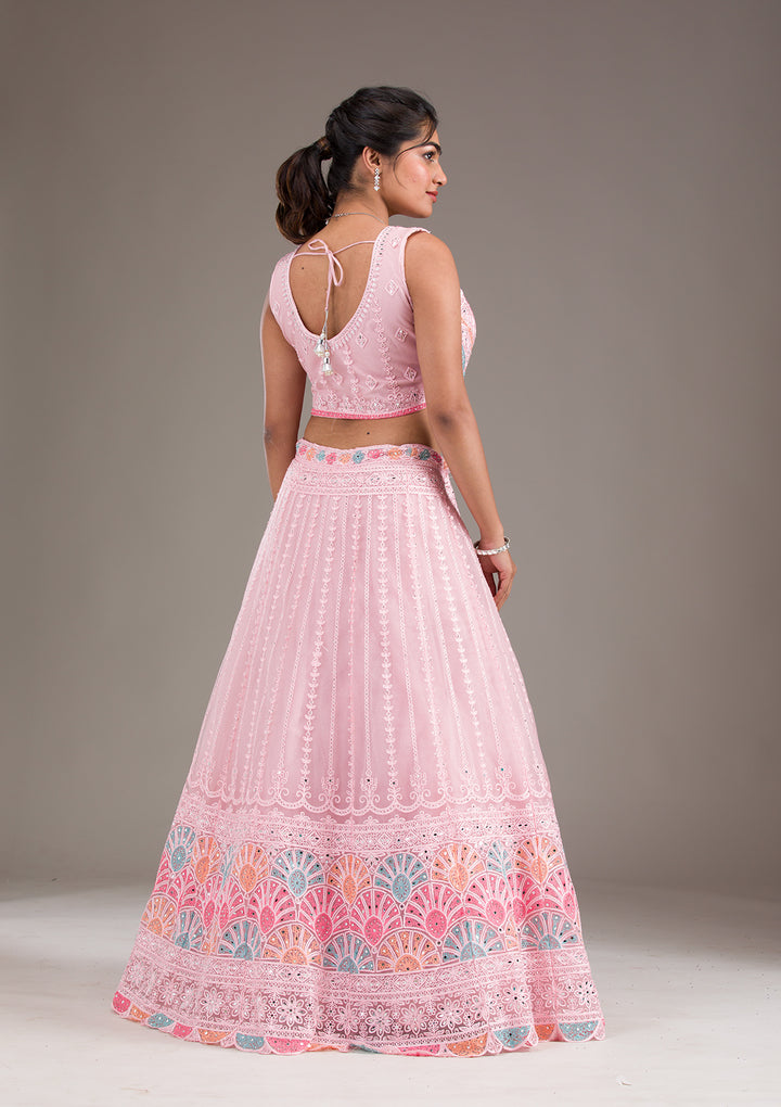 Baby Pink Silver Zariwork Net Readymade Lehenga