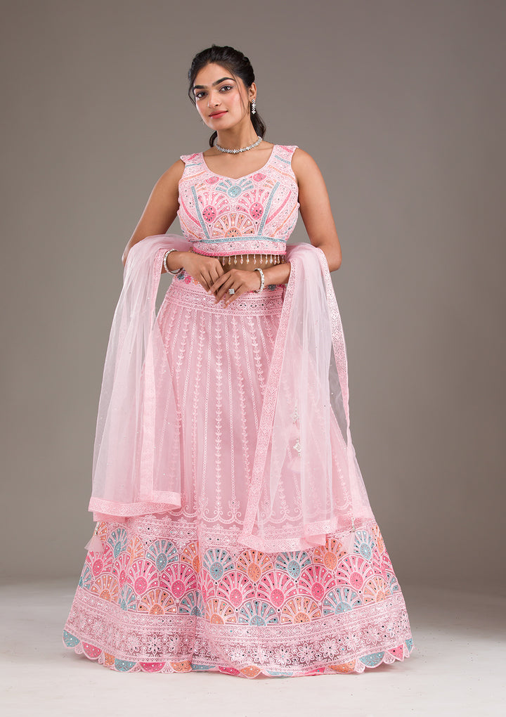 Baby Pink Silver Zariwork Net Readymade Lehenga