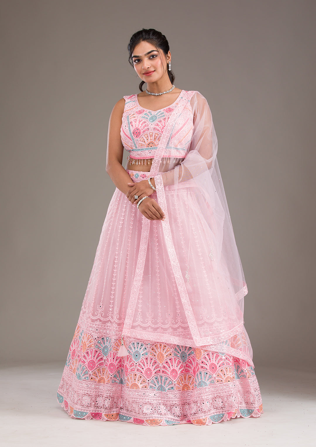 Baby Pink Silver Zariwork Net Readymade Lehenga