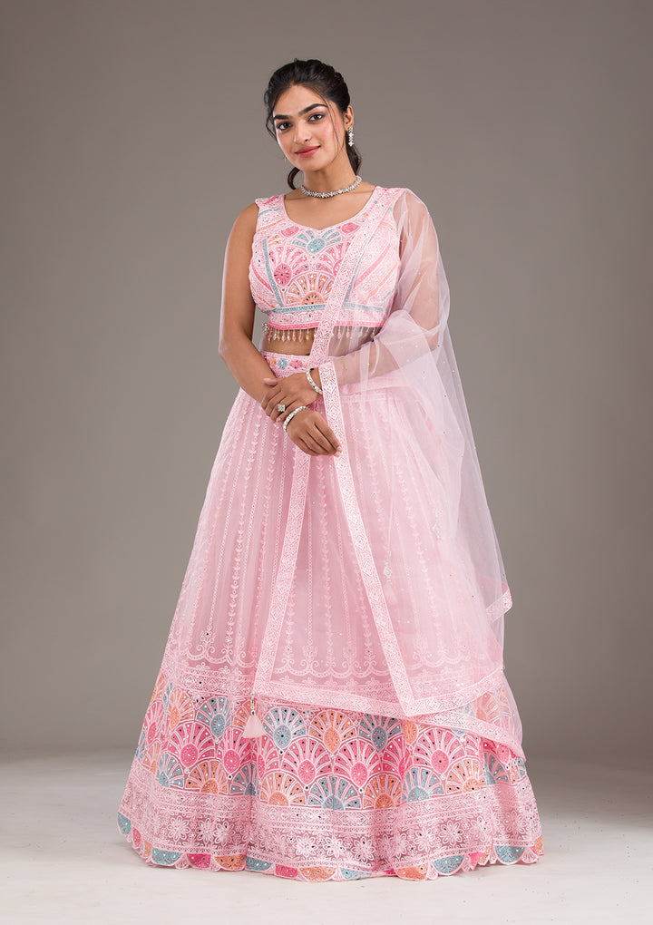 Baby Pink Silver Zariwork Net Readymade Lehenga