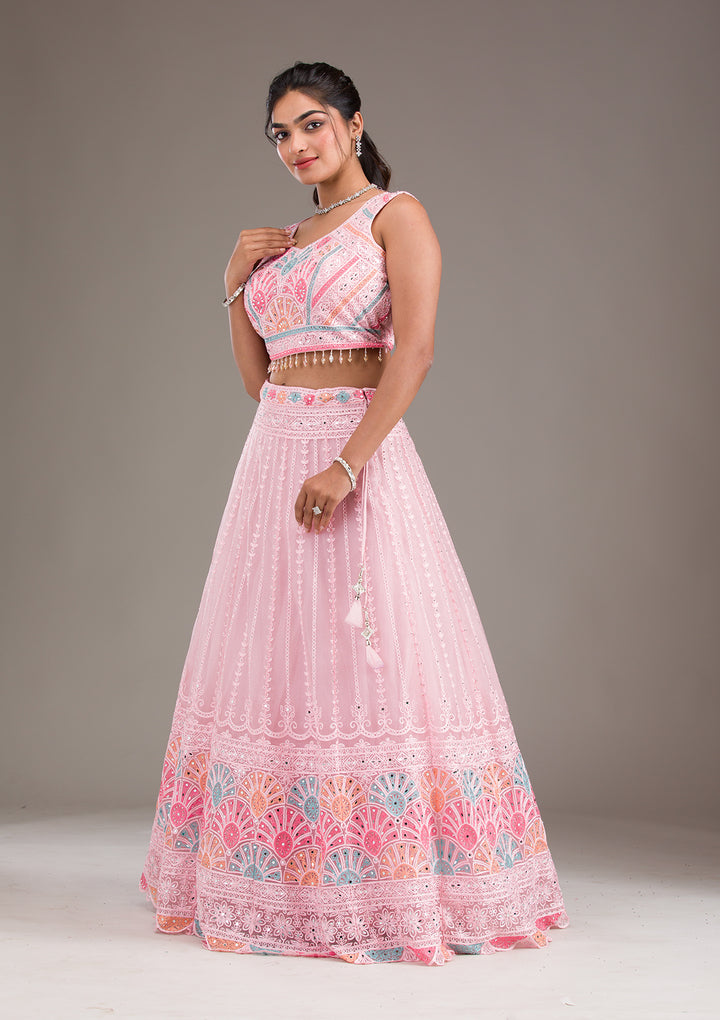 Baby Pink Silver Zariwork Net Readymade Lehenga