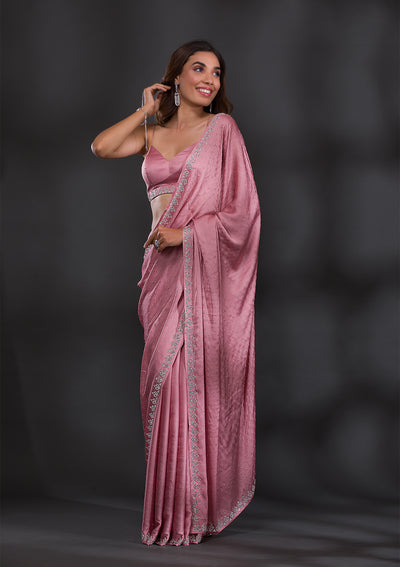 Baby Pink Stonework Satin Saree-Koskii