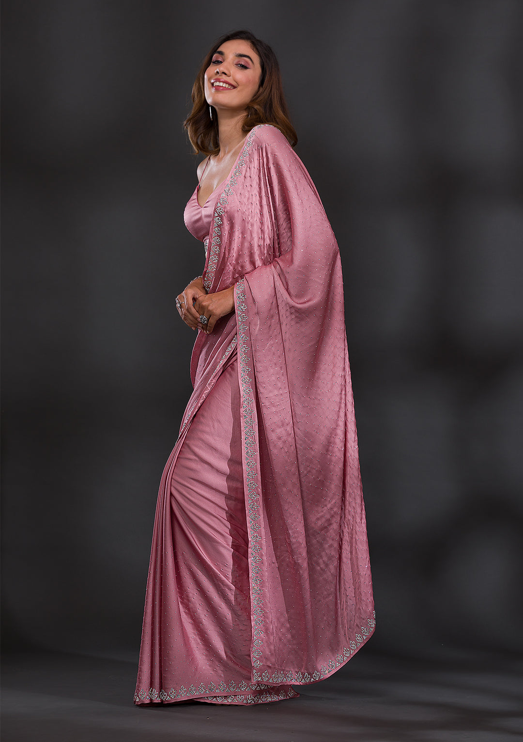 Baby Pink Stonework Satin Saree