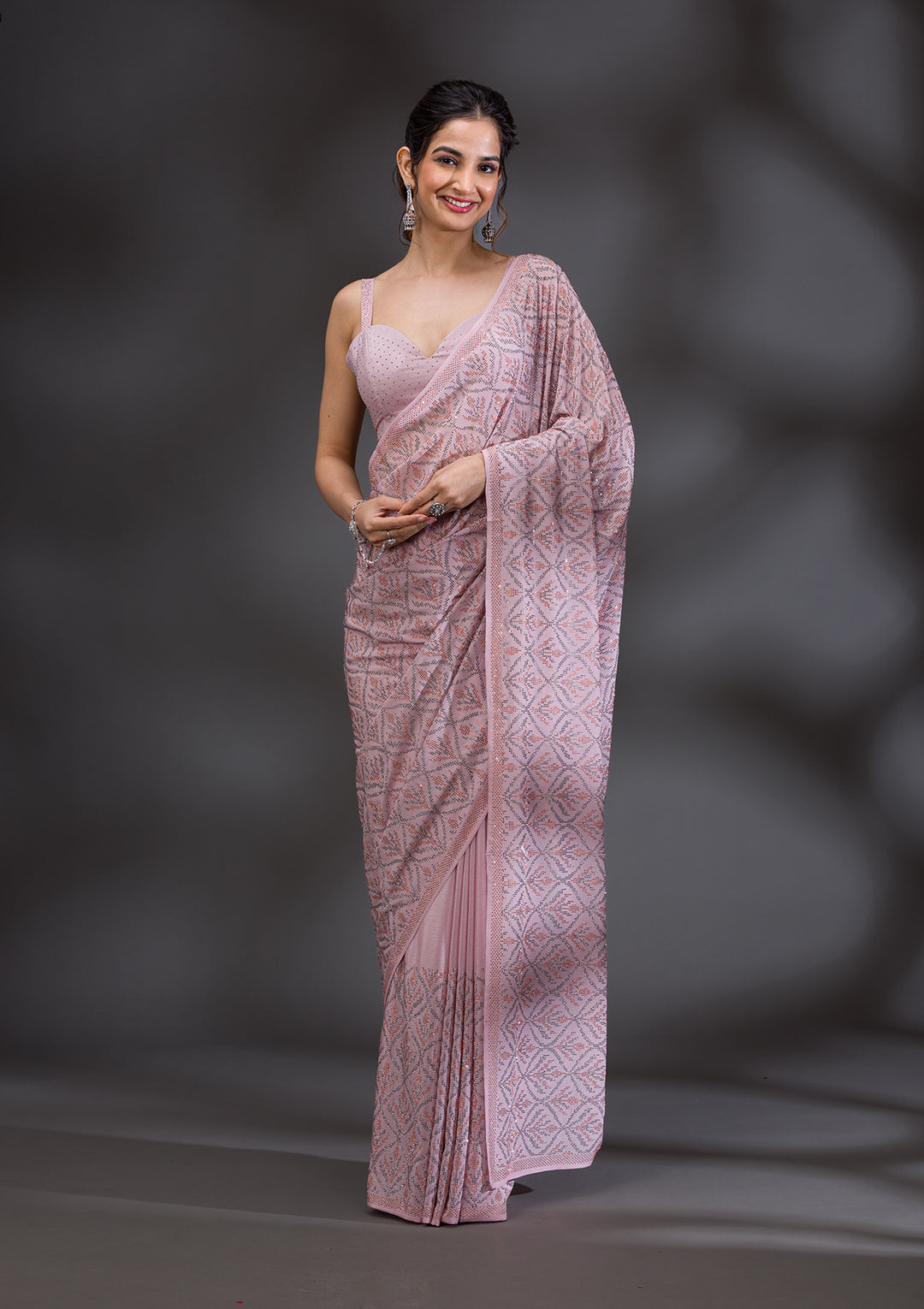 Baby Pink Stonework Satin Saree