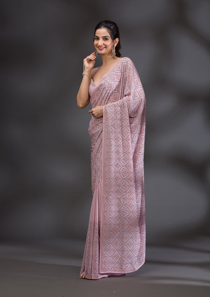 Baby Pink Stonework Satin Saree