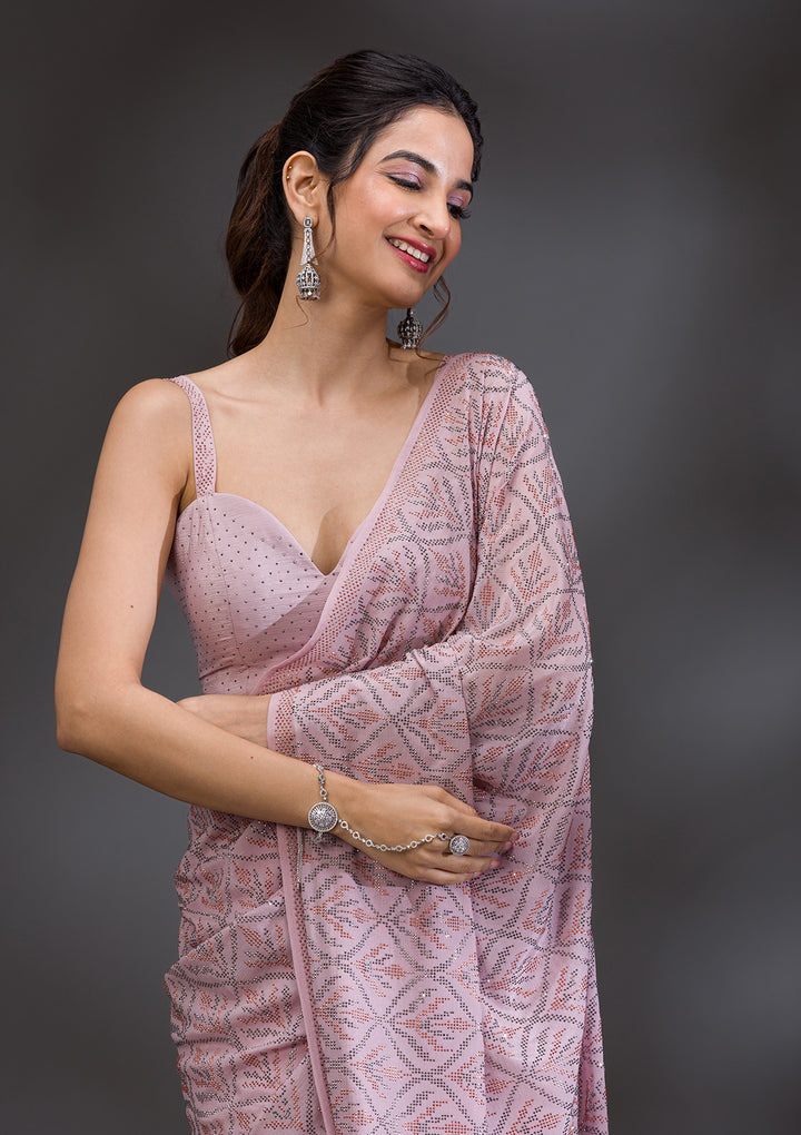 Baby Pink Stonework Satin Saree