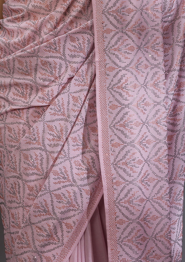 Baby Pink Stonework Satin Saree
