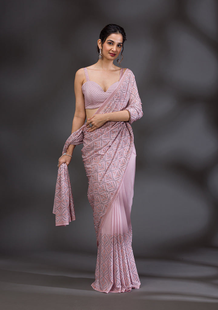 Baby Pink Stonework Satin Saree