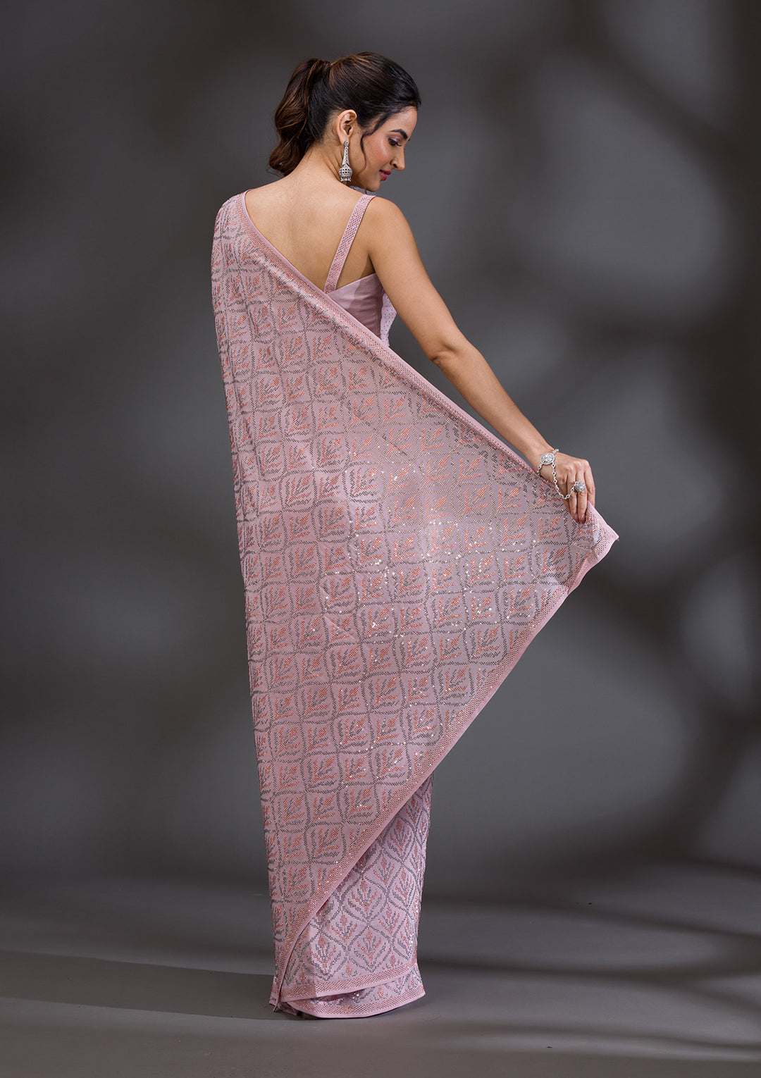 Baby Pink Stonework Satin Saree