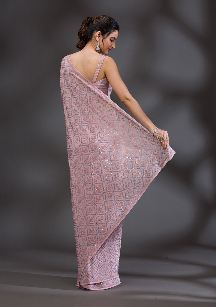 Baby Pink Stonework Satin Saree