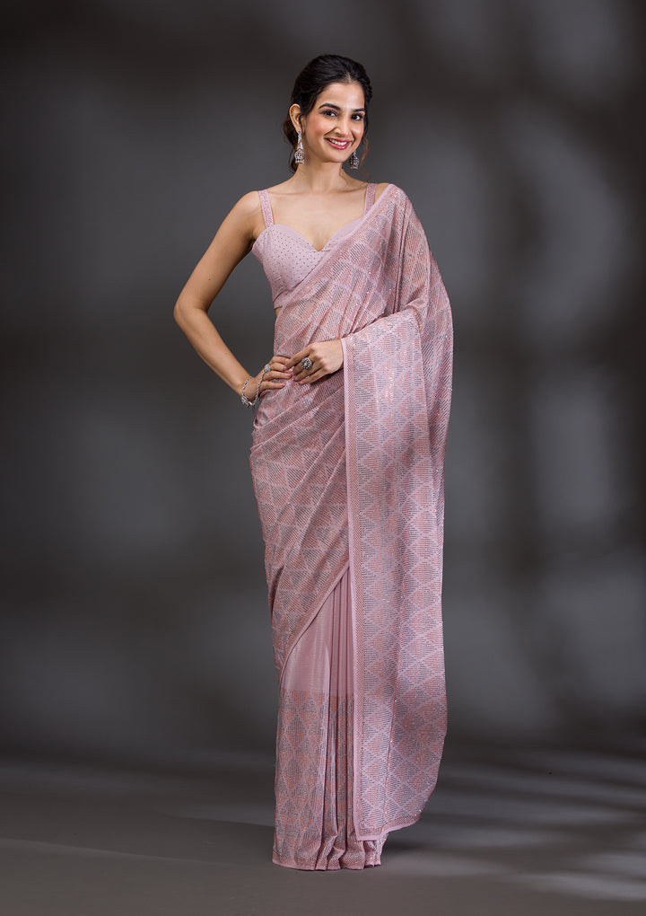 Baby Pink Stonework Satin Saree