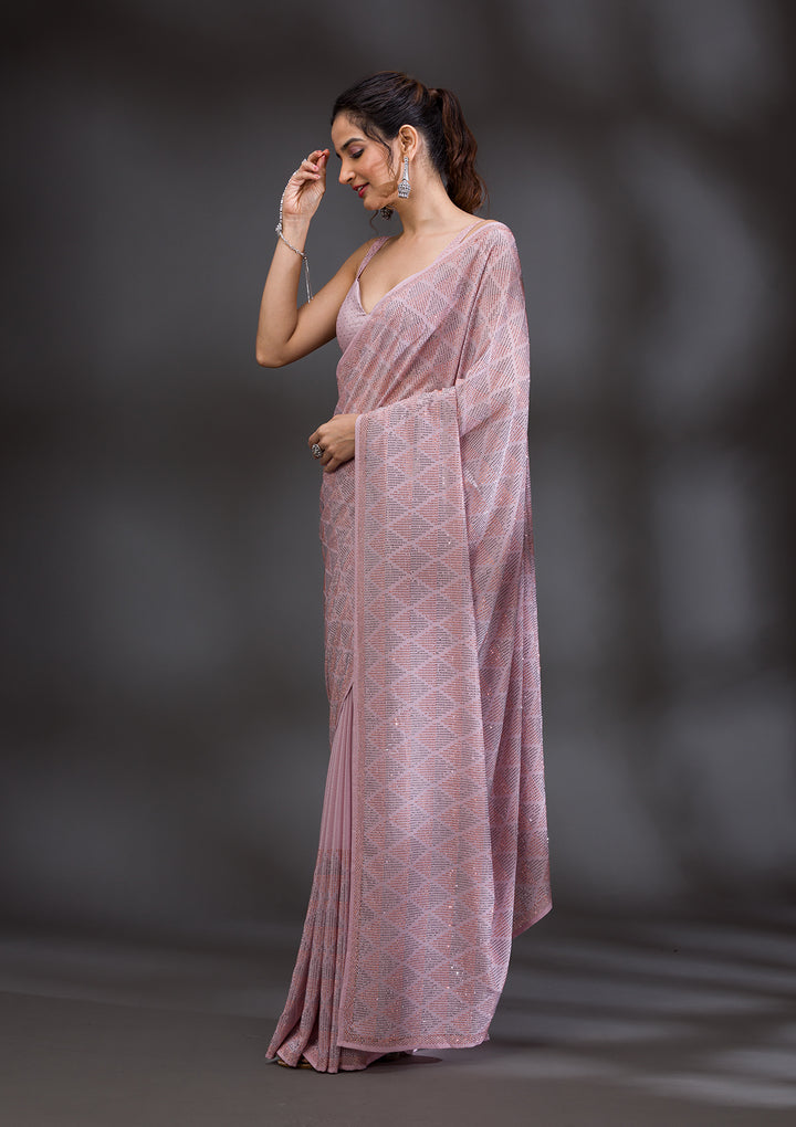 Baby Pink Stonework Satin Saree