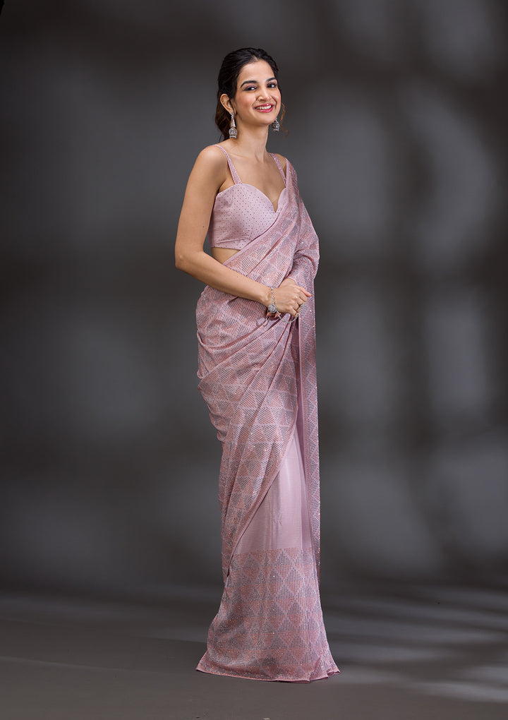 Baby Pink Stonework Satin Saree