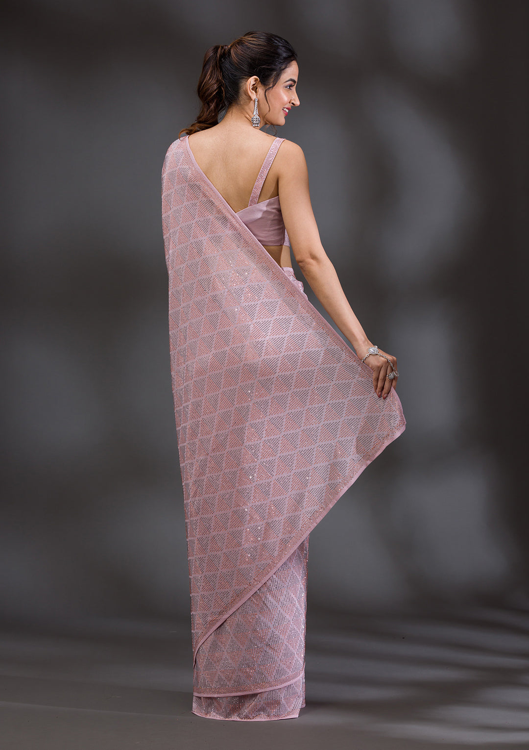 Baby Pink Stonework Satin Saree