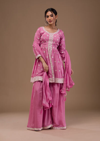 Baby Pink Threadwork Art Silk Readymade Salwar Suit