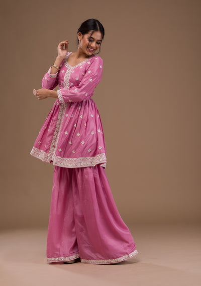 Baby Pink Threadwork Art Silk Readymade Salwar Suit