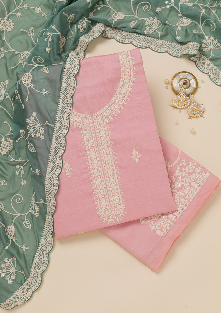 Baby Pink Threadwork Art Silk Unstitched Salwar Suit