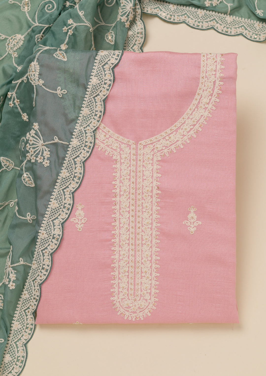 Baby Pink Threadwork Art Silk Unstitched Salwar Suit