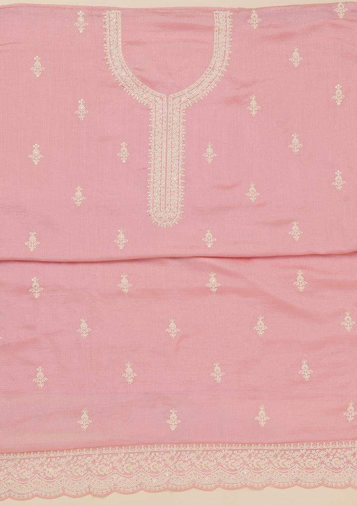 Baby Pink Threadwork Art Silk Unstitched Salwar Suit