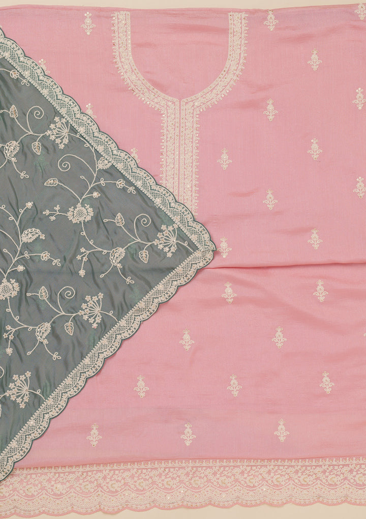 Baby Pink Threadwork Art Silk Unstitched Salwar Suit