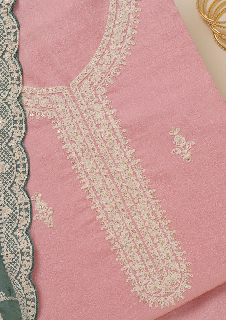 Baby Pink Threadwork Art Silk Unstitched Salwar Suit