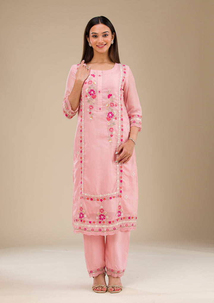 Baby Pink Threadwork Chiffon Readymade Salwar Suit