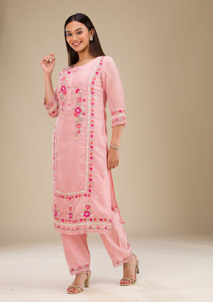 Baby Pink Threadwork Chiffon Readymade Salwar Suit