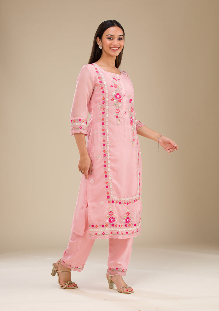 Baby Pink Threadwork Chiffon Readymade Salwar Suit