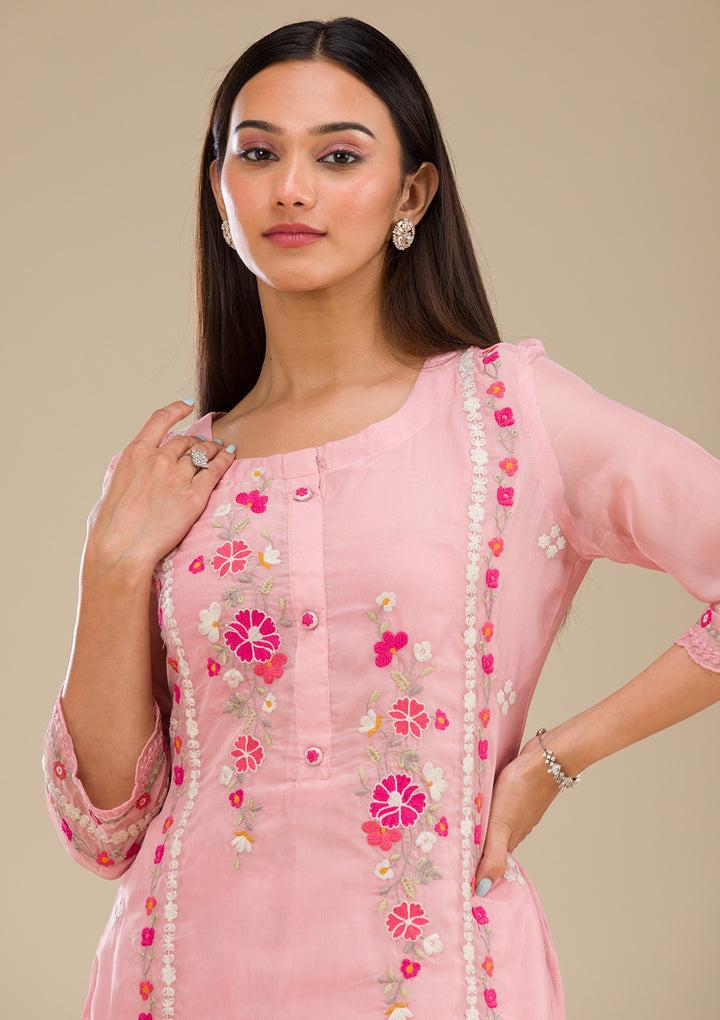 Baby Pink Threadwork Chiffon Readymade Salwar Suit