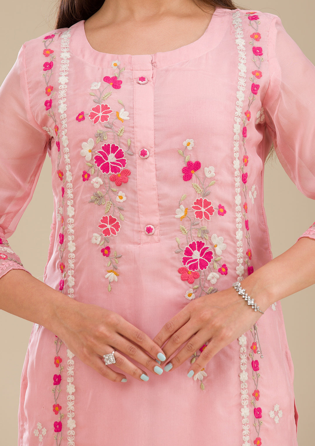 Baby Pink Threadwork Chiffon Readymade Salwar Suit