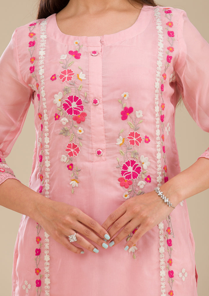 Baby Pink Threadwork Chiffon Readymade Salwar Suit