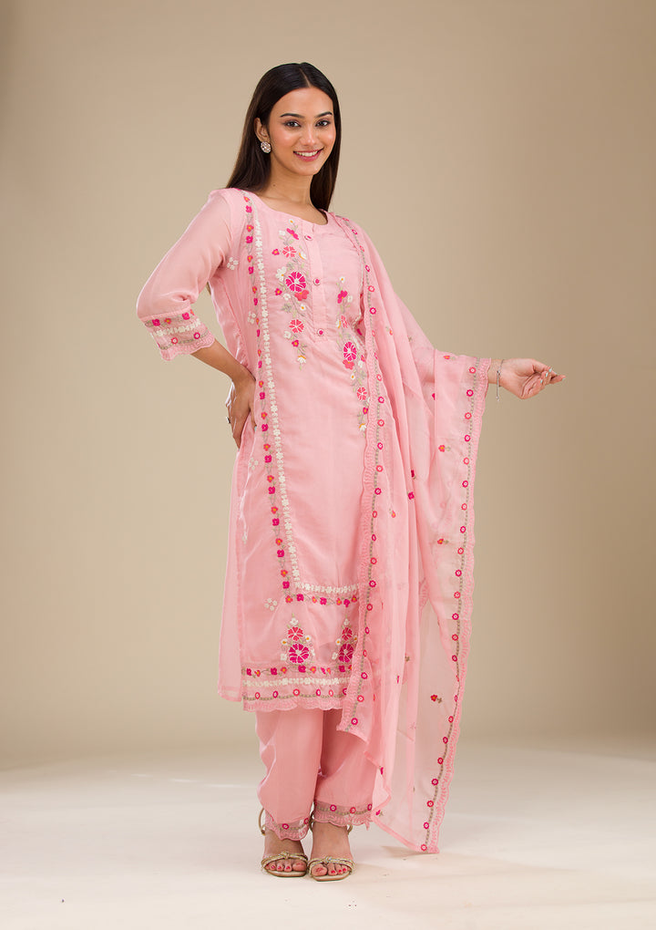 Baby Pink Threadwork Chiffon Readymade Salwar Suit