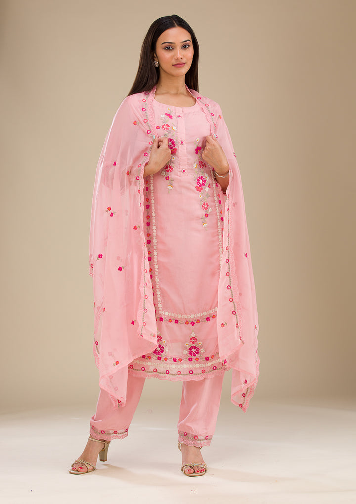 Baby Pink Threadwork Chiffon Readymade Salwar Suit