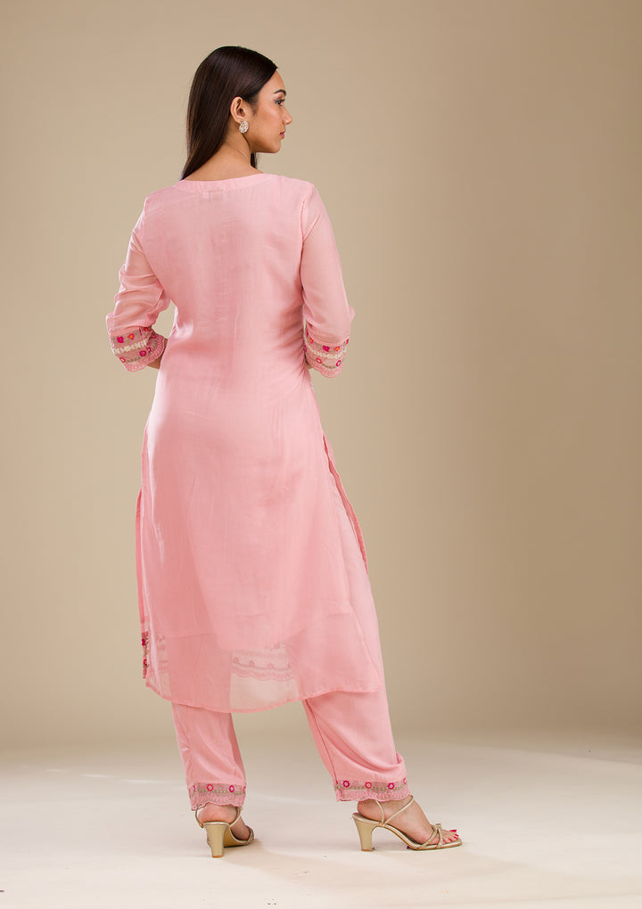 Baby Pink Threadwork Chiffon Readymade Salwar Suit
