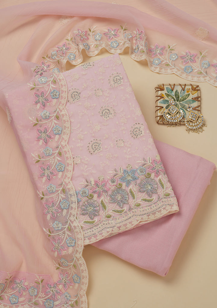 Baby Pink Threadwork Chiffon Unstitched Salwar Suit