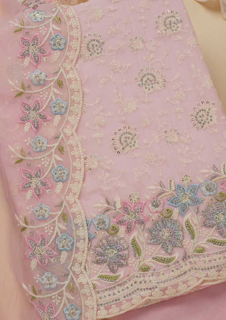 Baby Pink Threadwork Chiffon Unstitched Salwar Suit