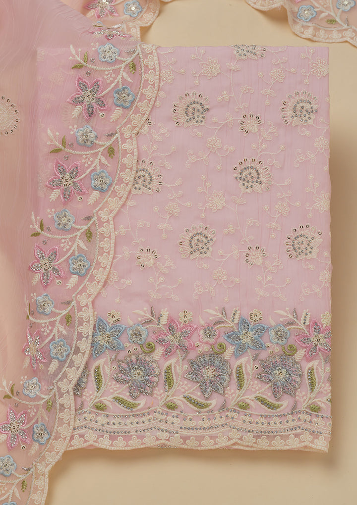 Baby Pink Threadwork Chiffon Unstitched Salwar Suit
