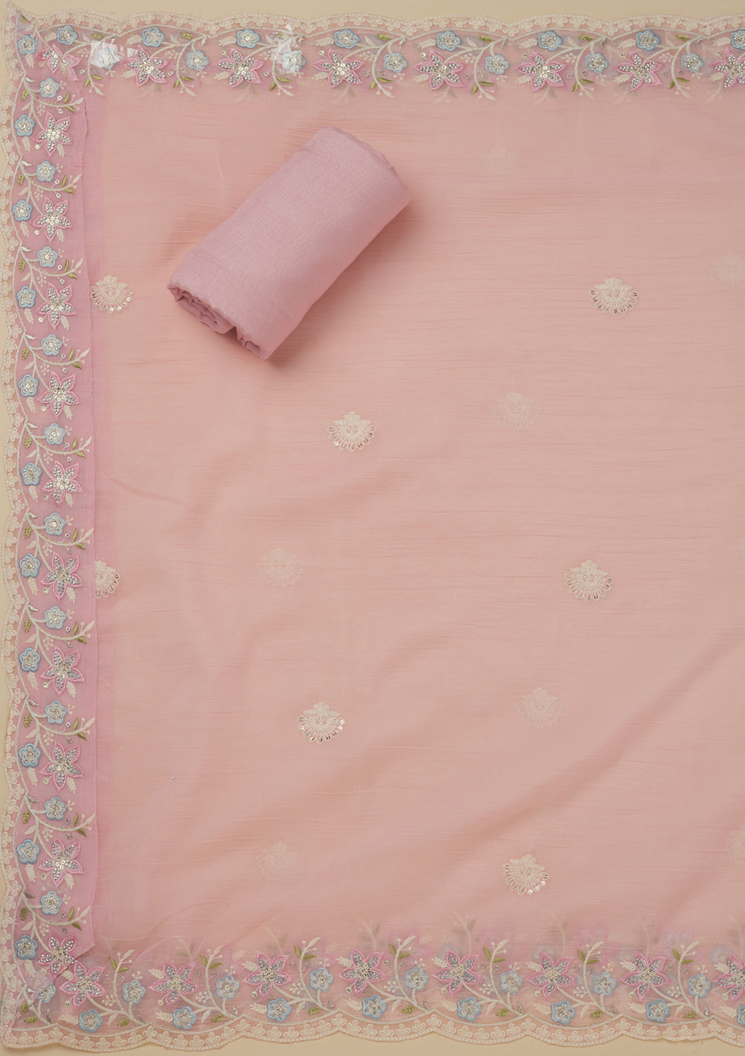 Baby Pink Threadwork Chiffon Unstitched Salwar Suit