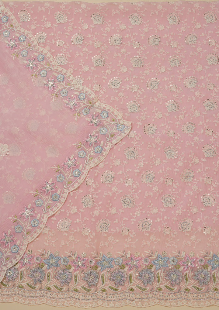 Baby Pink Threadwork Chiffon Unstitched Salwar Suit