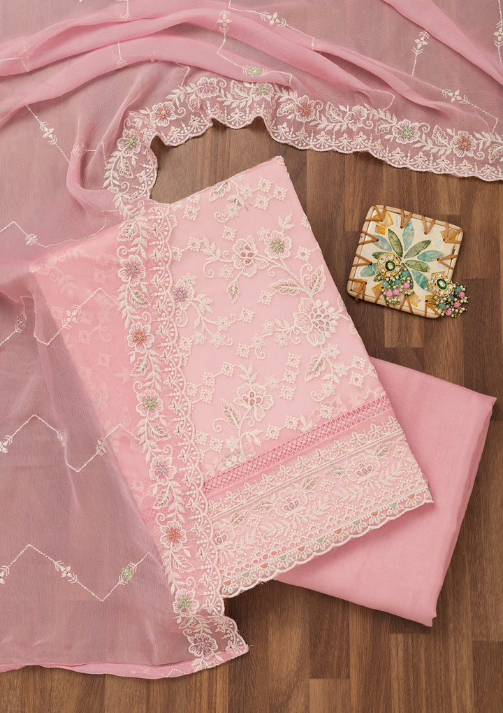 Baby Pink Threadwork Chiffon Unstitched Salwar Suit